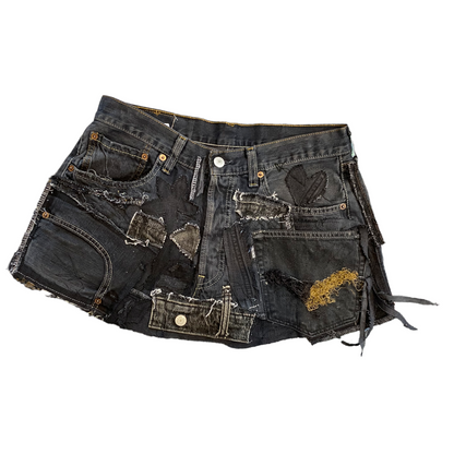Black Denim Detail Patchwork Skir