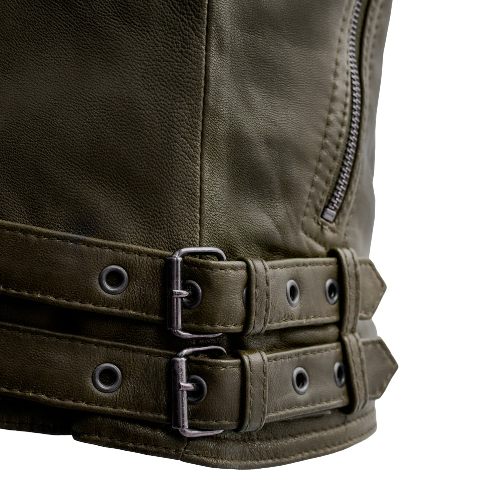 Army green women's lambskin leather moto jacket alternate view | KRIFFA