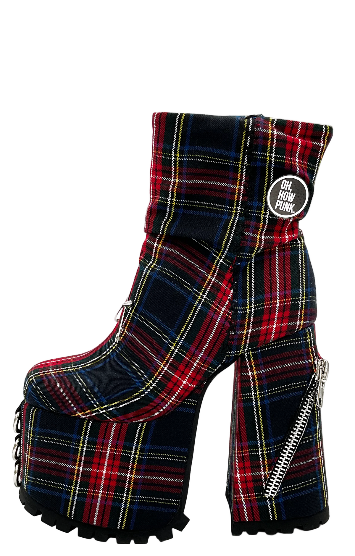 Plaid platform boots with a visible brand label on a white background