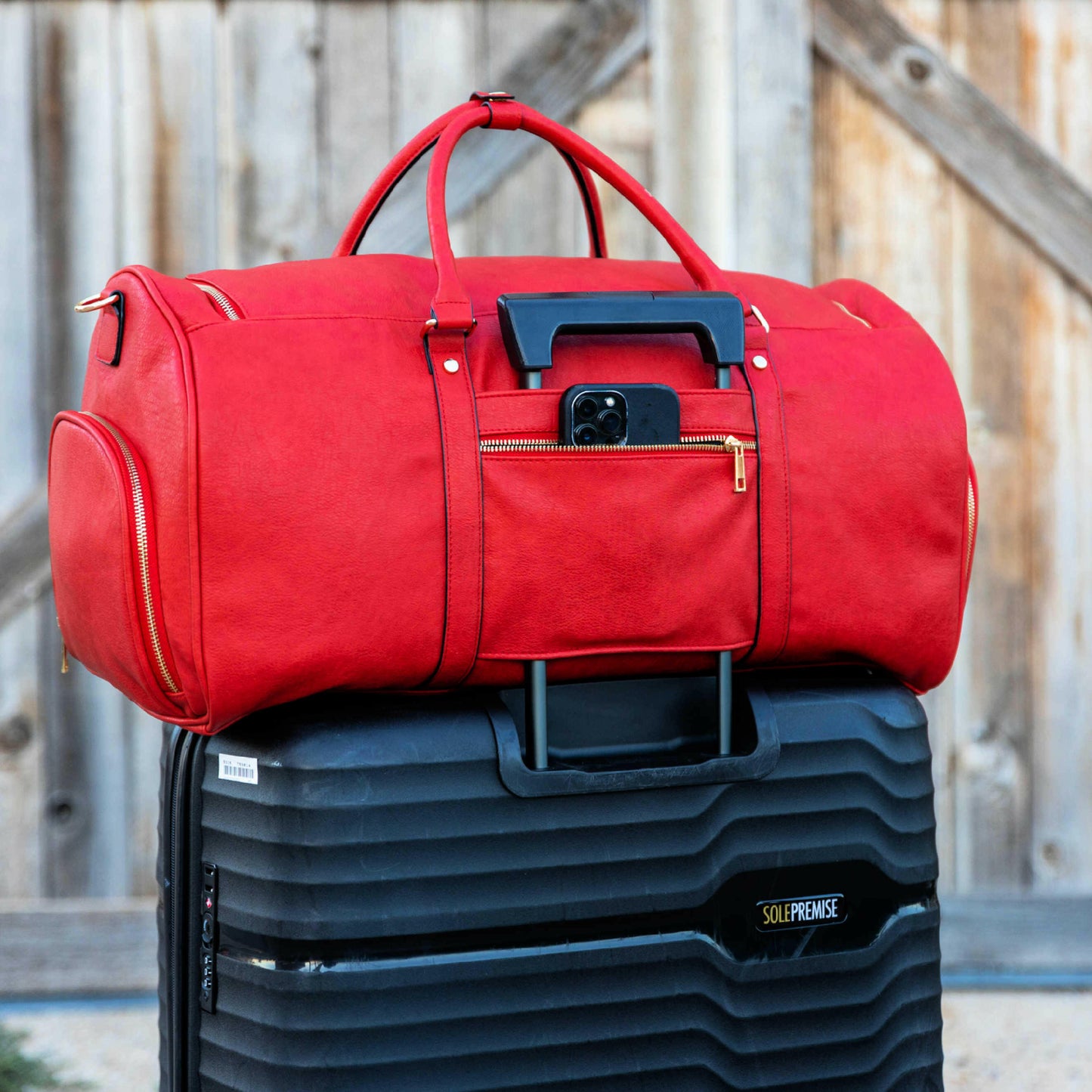 Red Tumbled Leather Duffle Bag