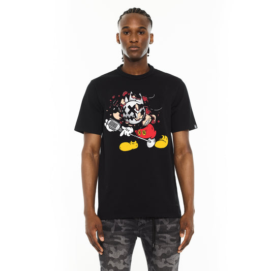 Person wearing a black t-shirt with a colorful graphic design on a white background