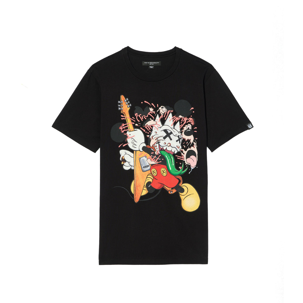 A black short-sleeve t-shirt featuring a large graphic print of a cartoon character with a white face, black X eyes, a red body, yellow gloves, and a green tongue, holding a bright orange guitar. The shirt is photographed flat against a solid white background.