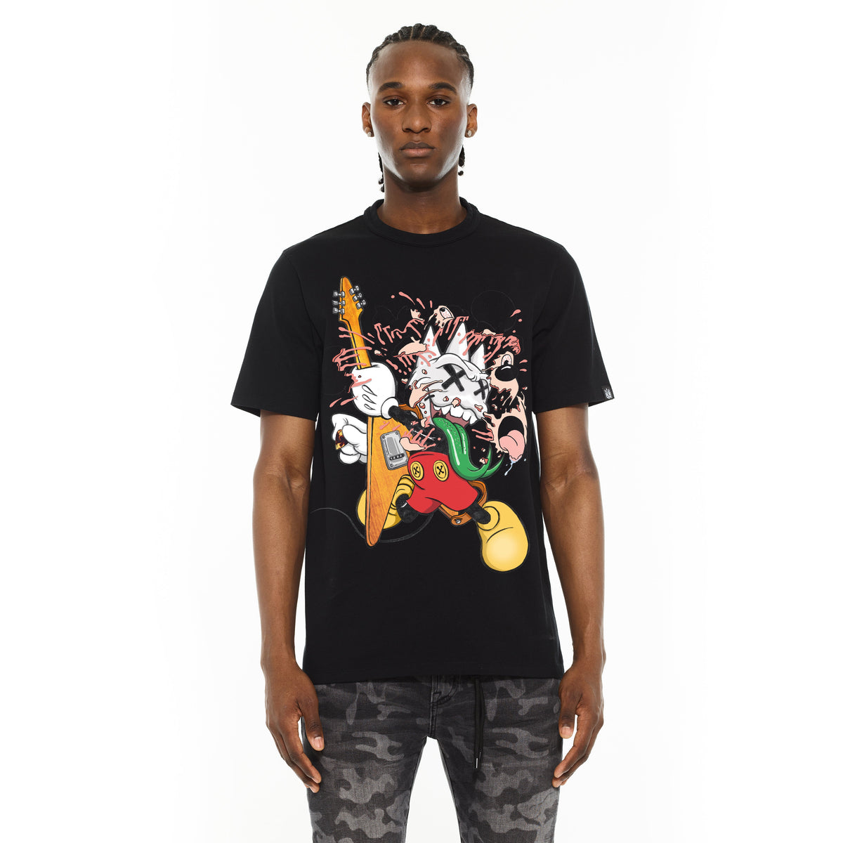 Person wearing a black t-shirt with a colorful graphic design on a white background
