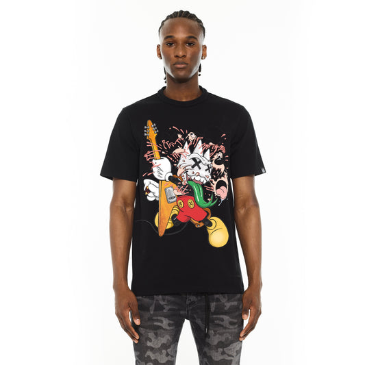 Person wearing a black t-shirt with a colorful graphic design on a white background