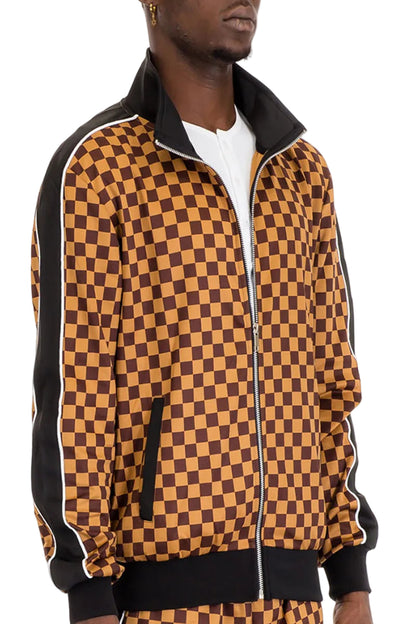 Person wearing a checkered jacket with brown and black pattern on a white background
