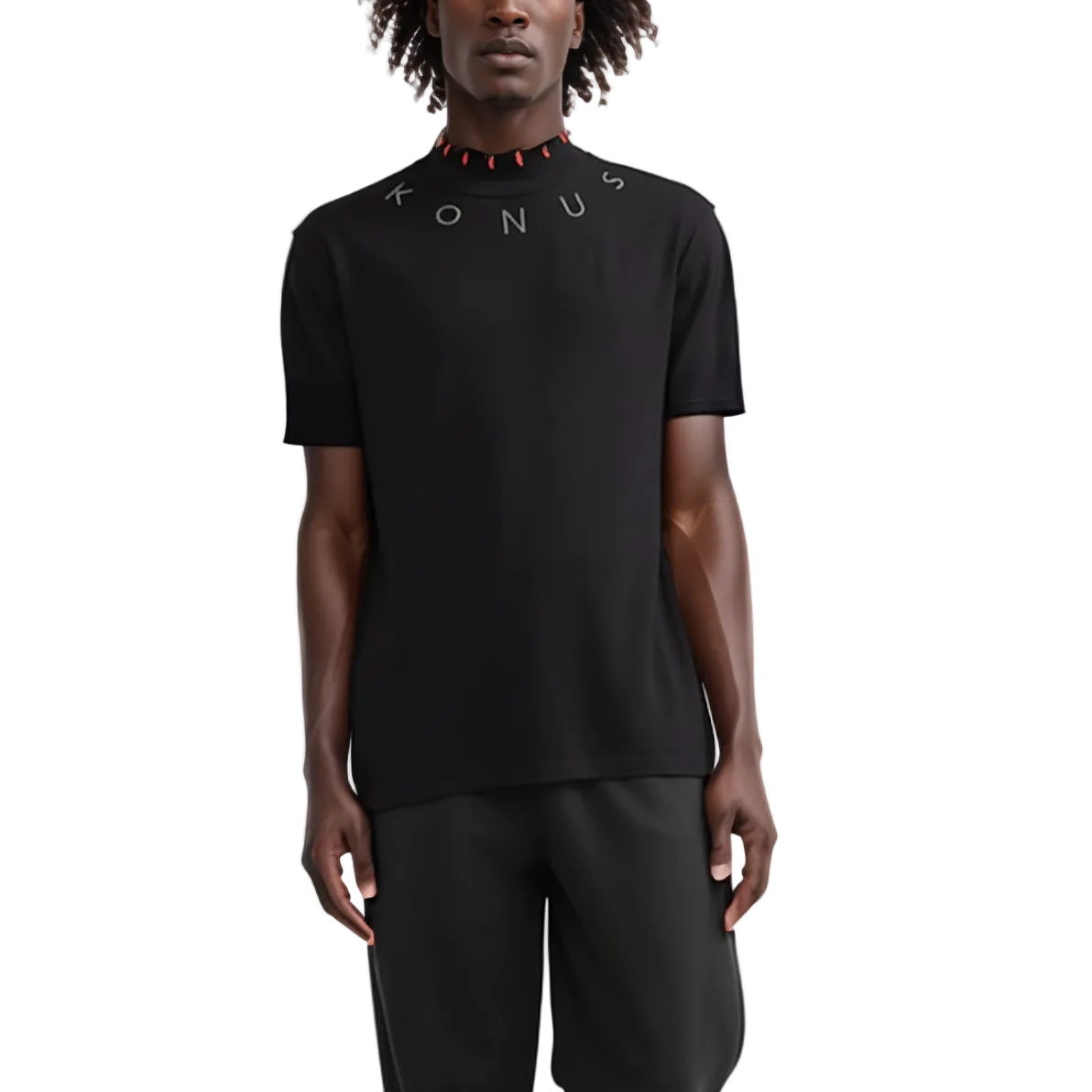 Person wearing a black t-shirt with 'KONUS' branding on a white background