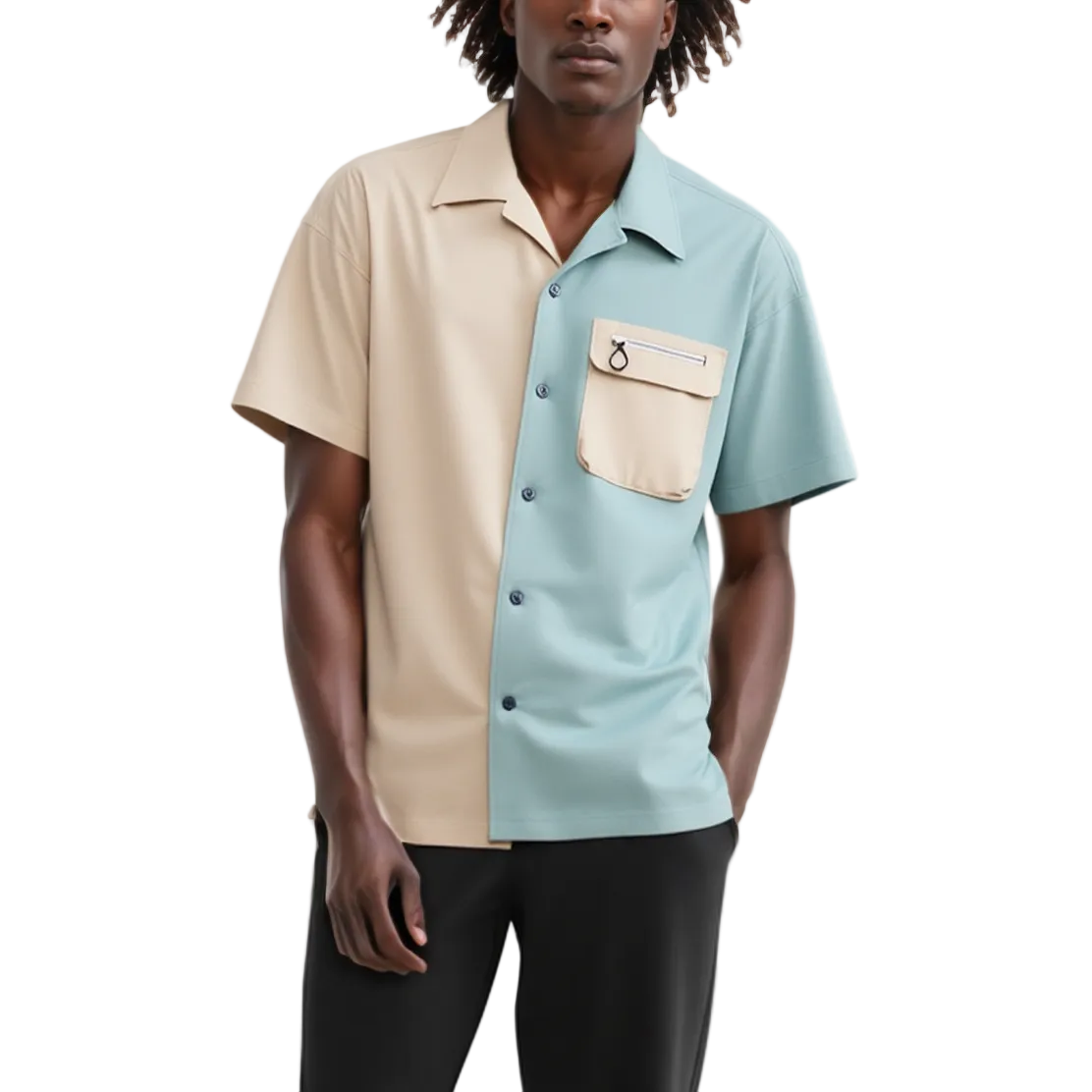 Man wearing a two-tone shirt with beige and light blue colors on a white background