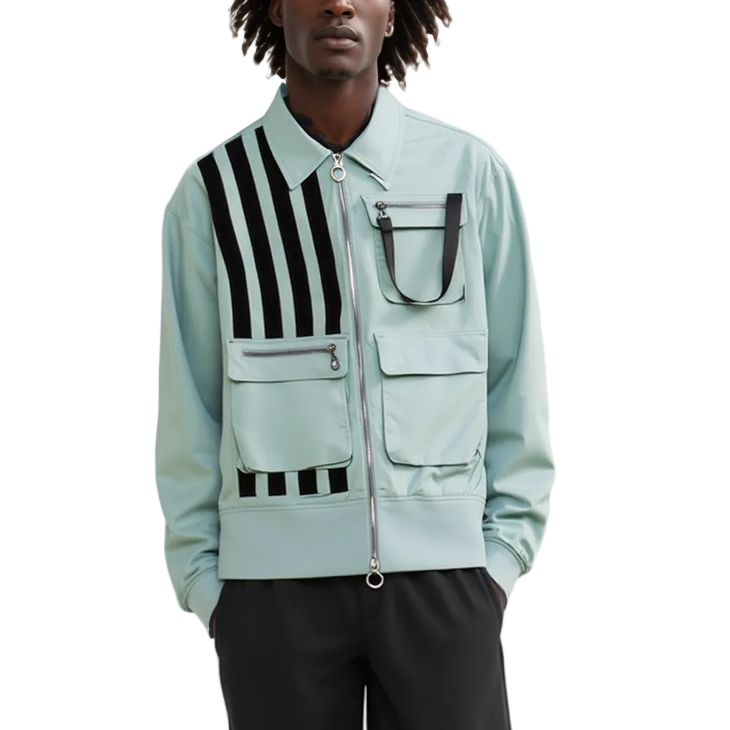 Light blue jacket with black and white striped design on a white background