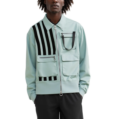 Light blue jacket with black and white striped design on a white background