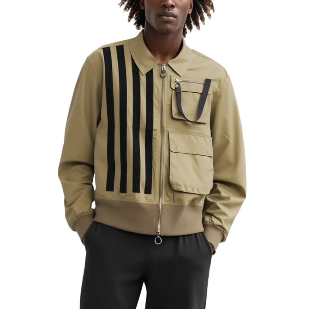 Man wearing a beige bomber jacket with black stripe details on a white background