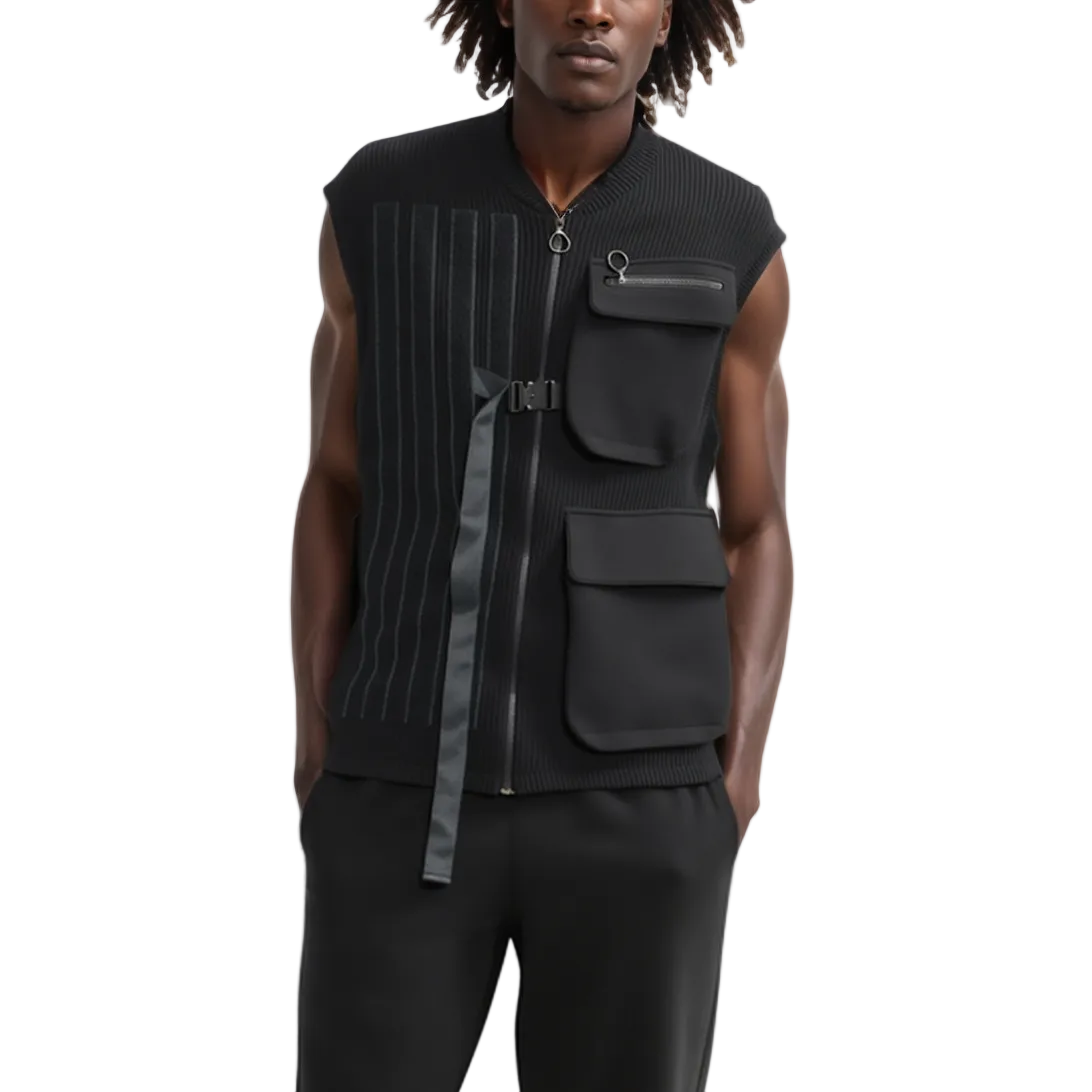 A model wearing a black sleeveless zip-front vest with pinstriped paneling, a vertical zip tie detail, and multiple utility pockets, paired with black pants against a white studio background.