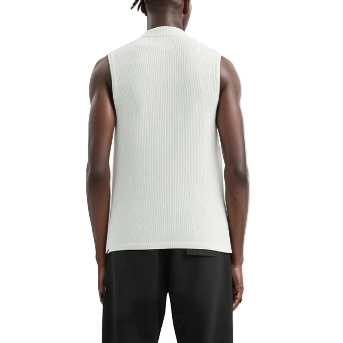 Person wearing a white sleeveless shirt on a white background
