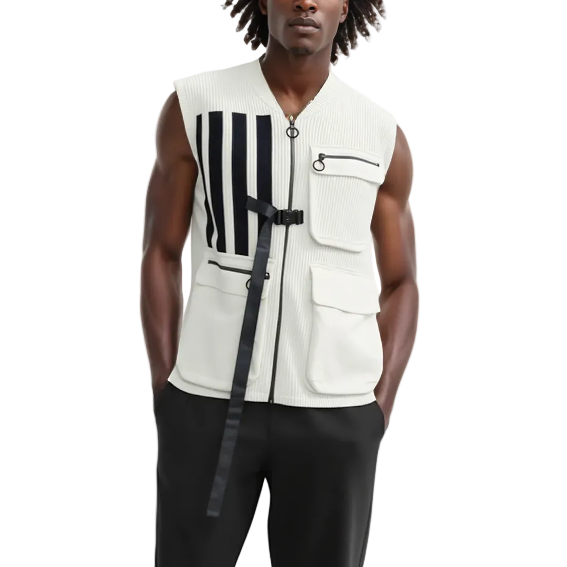 Man wearing a white sleeveless vest with black and white striped design on a white background