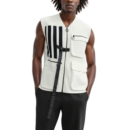 Man wearing a white sleeveless vest with black and white striped design on a white background