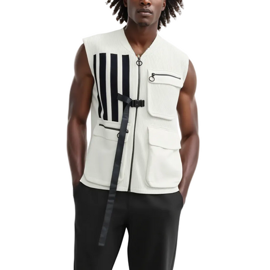 Man wearing a white sleeveless vest with black and white striped design on a white background