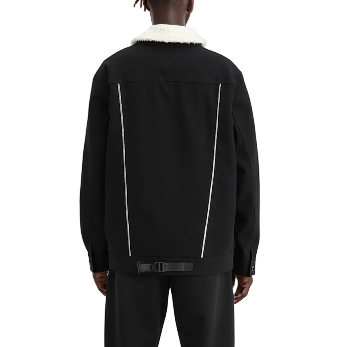 Black jacket with white accents on a white background