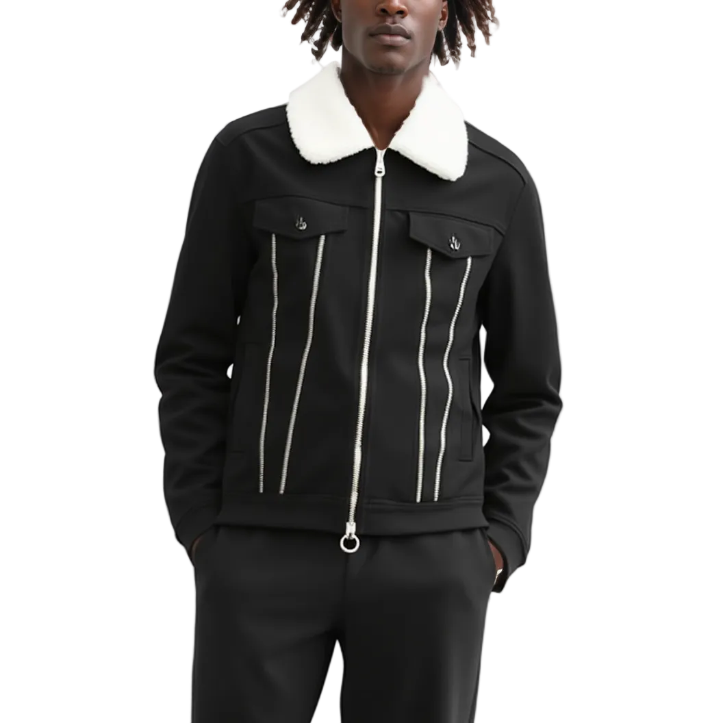 Black jacket with white trim and collar on a white background