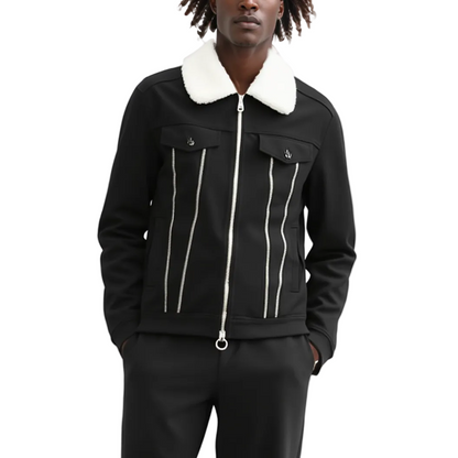 Black jacket with white trim and collar on a white background