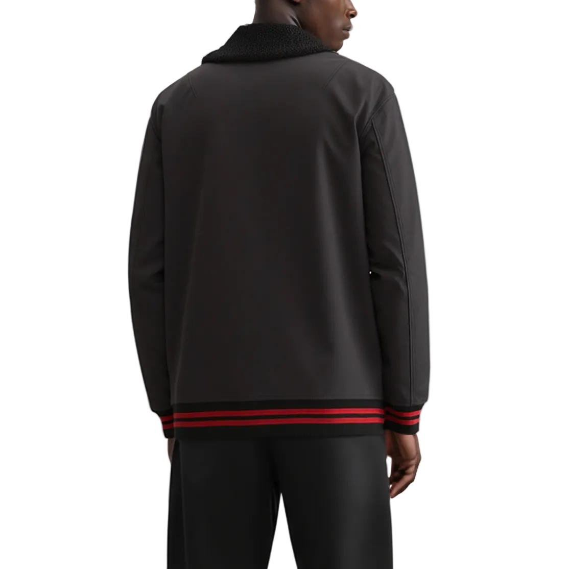 Black tracksuit with red stripes on a white background