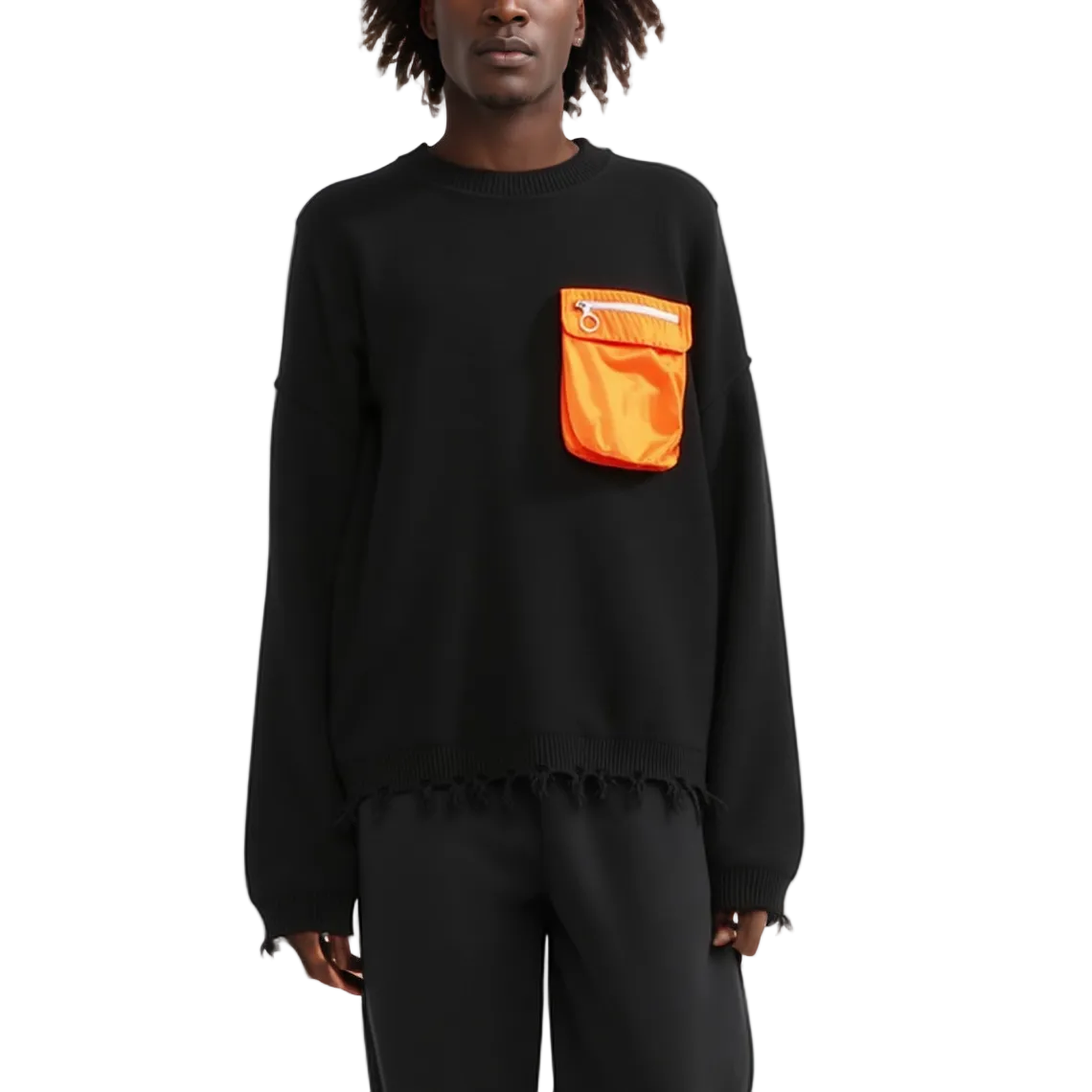 Person wearing a black sweatshirt with an orange pocket on a white background