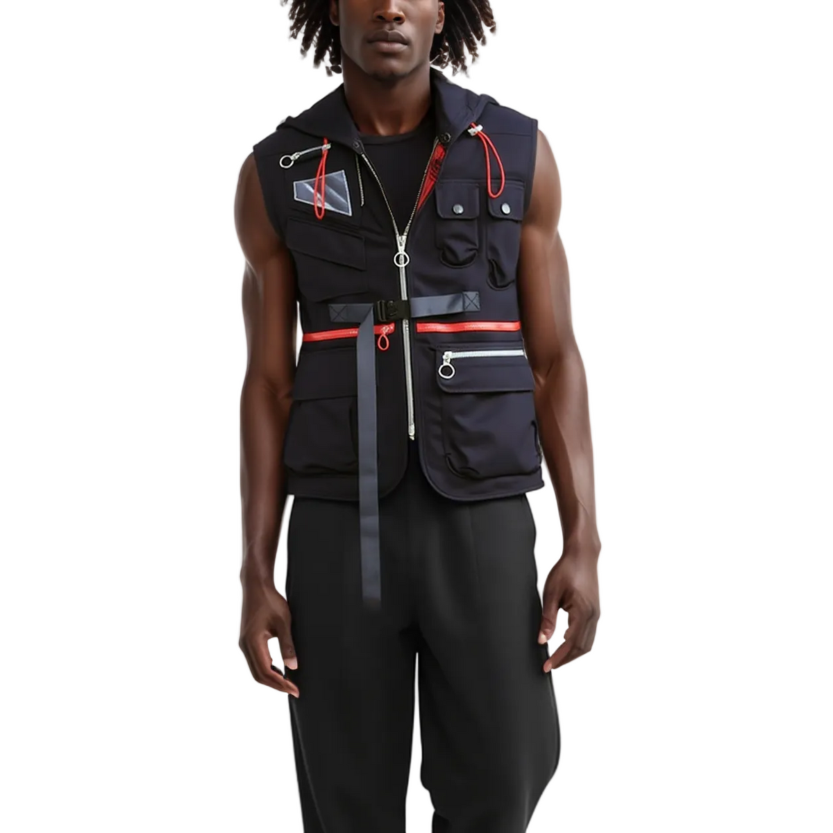 Person wearing a black vest with red accents on a white background