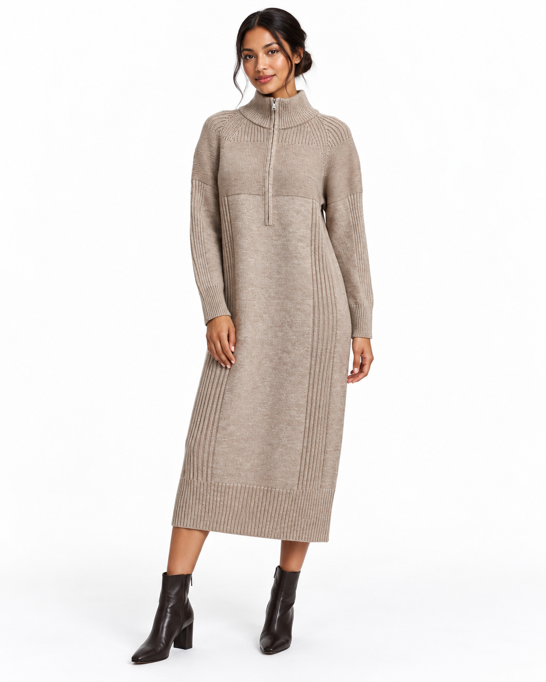Half-Zip Ribbed Knit Sweater Dress