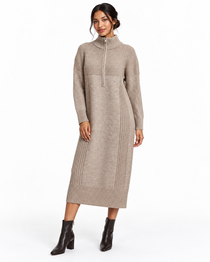 Half-Zip Ribbed Knit Sweater Dress