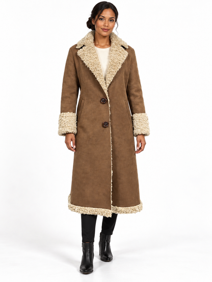 Vintage-Inspired Faux Suede Shearling Long Coat