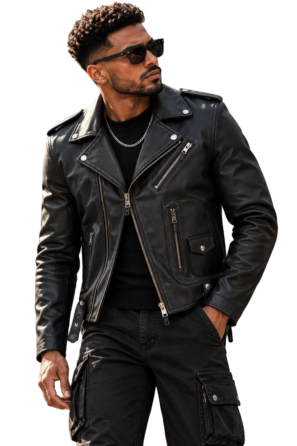 A man wearing a black leather moto jacket, black sunglasses, and a silver chain necklace, standing in an urban street setting with a motorcycle in the background.
