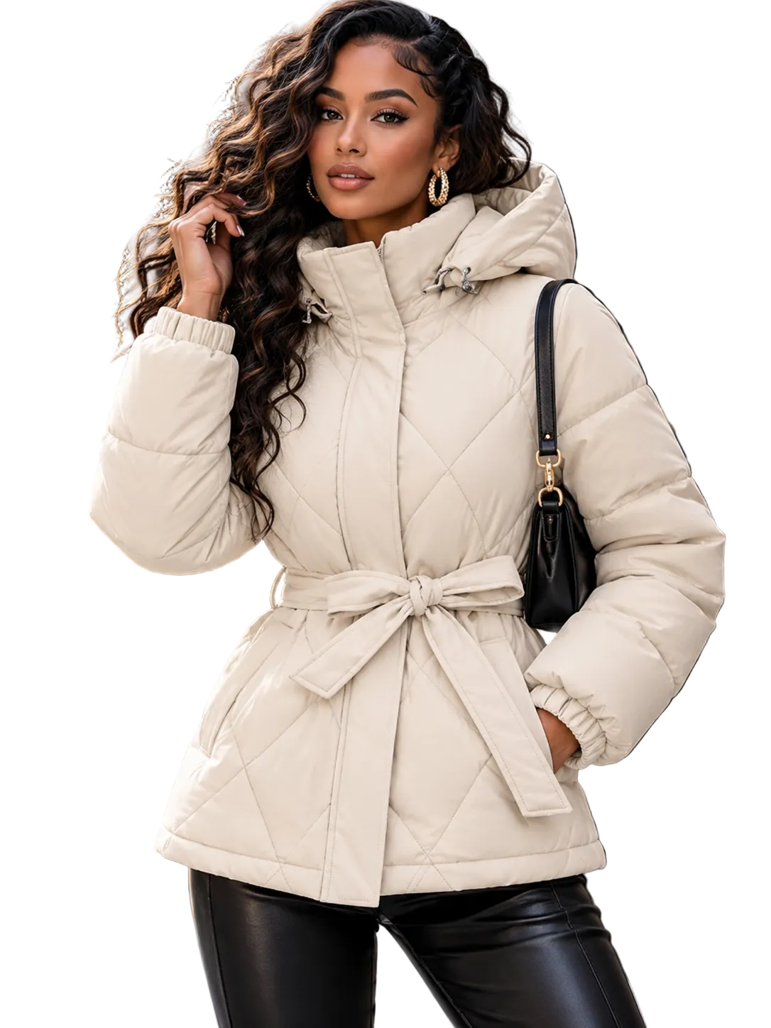 A woman wearing a cream-colored quilted puffer jacket with a tie waist belt, standing on a city sidewalk.