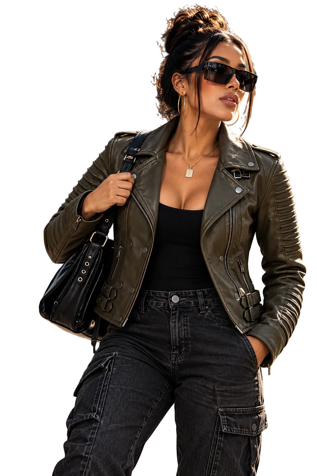 A woman wearing a distressed olive green leather moto jacket, black tank top, and black cargo pants, carrying a black shoulder bag. The brand logo 'KRIFFA' is visible in the top left corner.