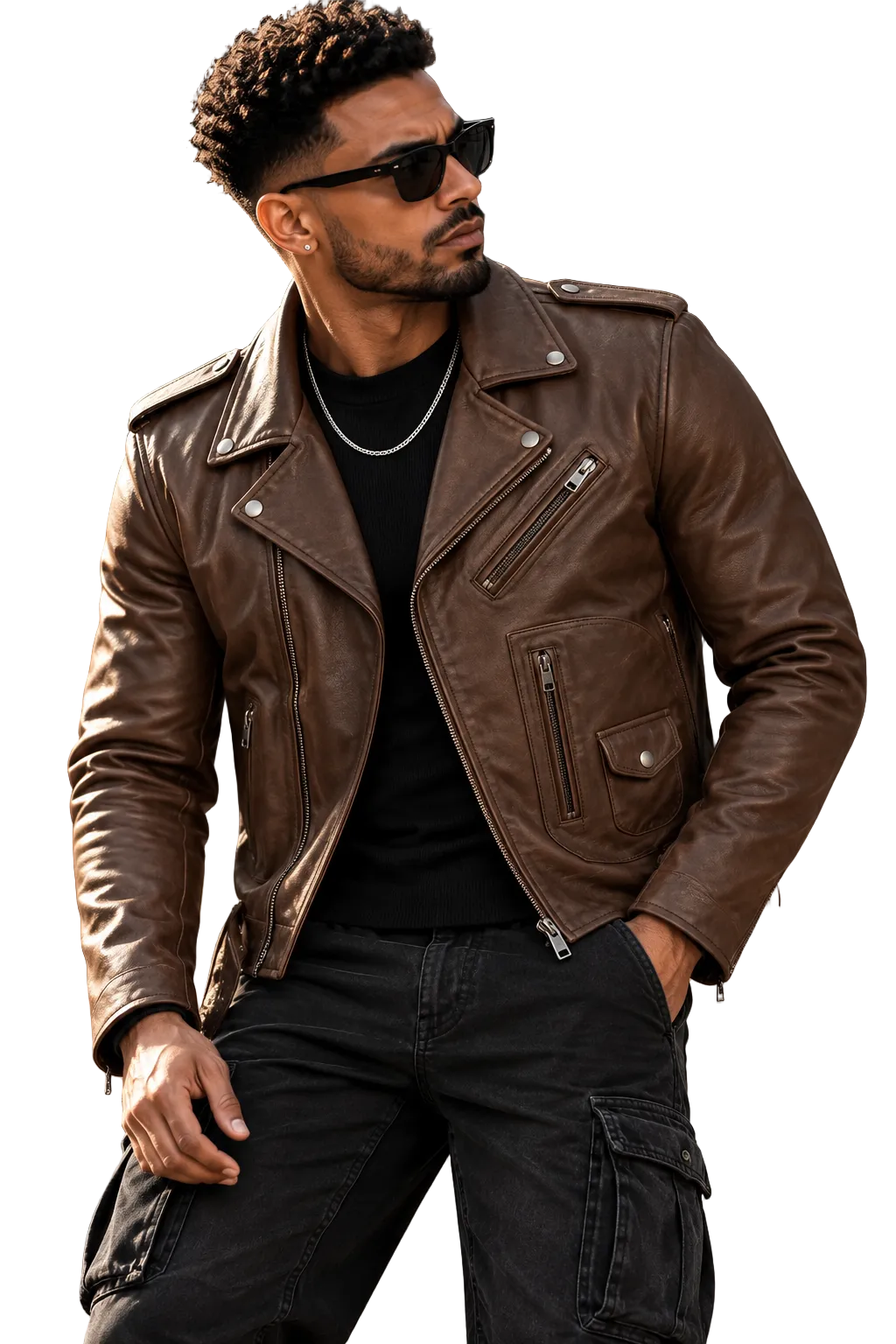 A man wearing a brown leather motorcycle jacket over a black shirt and black cargo pants, standing outdoors against a dark building background.