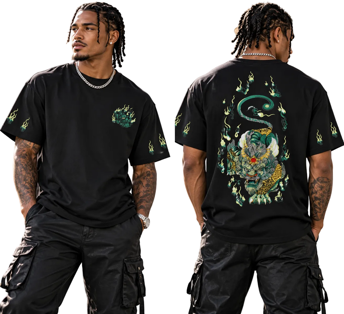 A man modeling a black short-sleeve graphic T-shirt in a split front and back view. The shirt has a green and gold snake-and-fish style graphic on the back and smaller green chest and sleeve graphics.