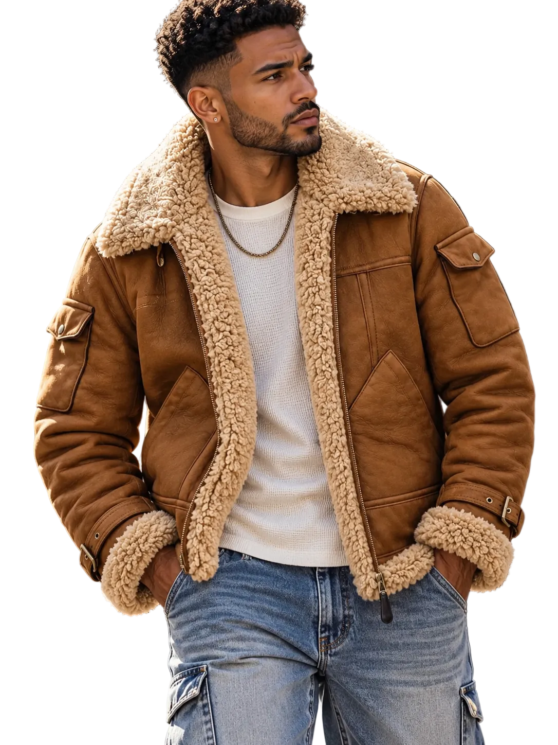 A man wearing a brown suede shearling jacket with a beige sherpa lining, styled over a white t-shirt and blue jeans in an outdoor urban setting.