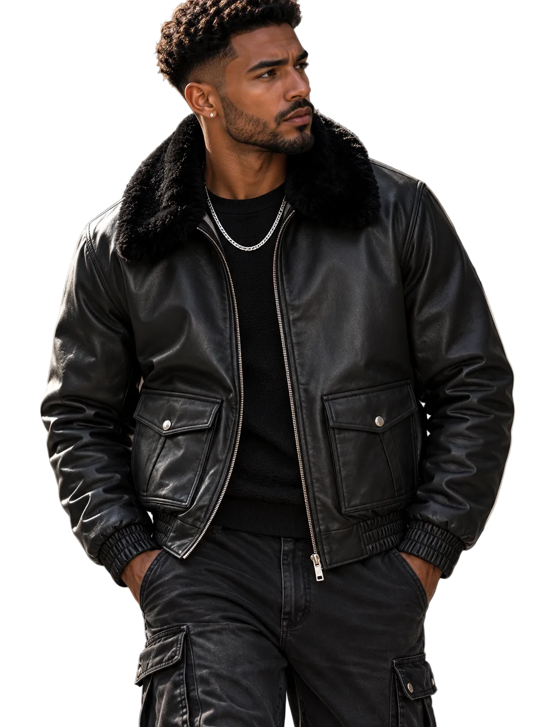 A man wearing a black leather bomber jacket with a black faux-fur collar, styled with a black t-shirt, silver chain necklace, and black cargo pants, standing in an urban setting.