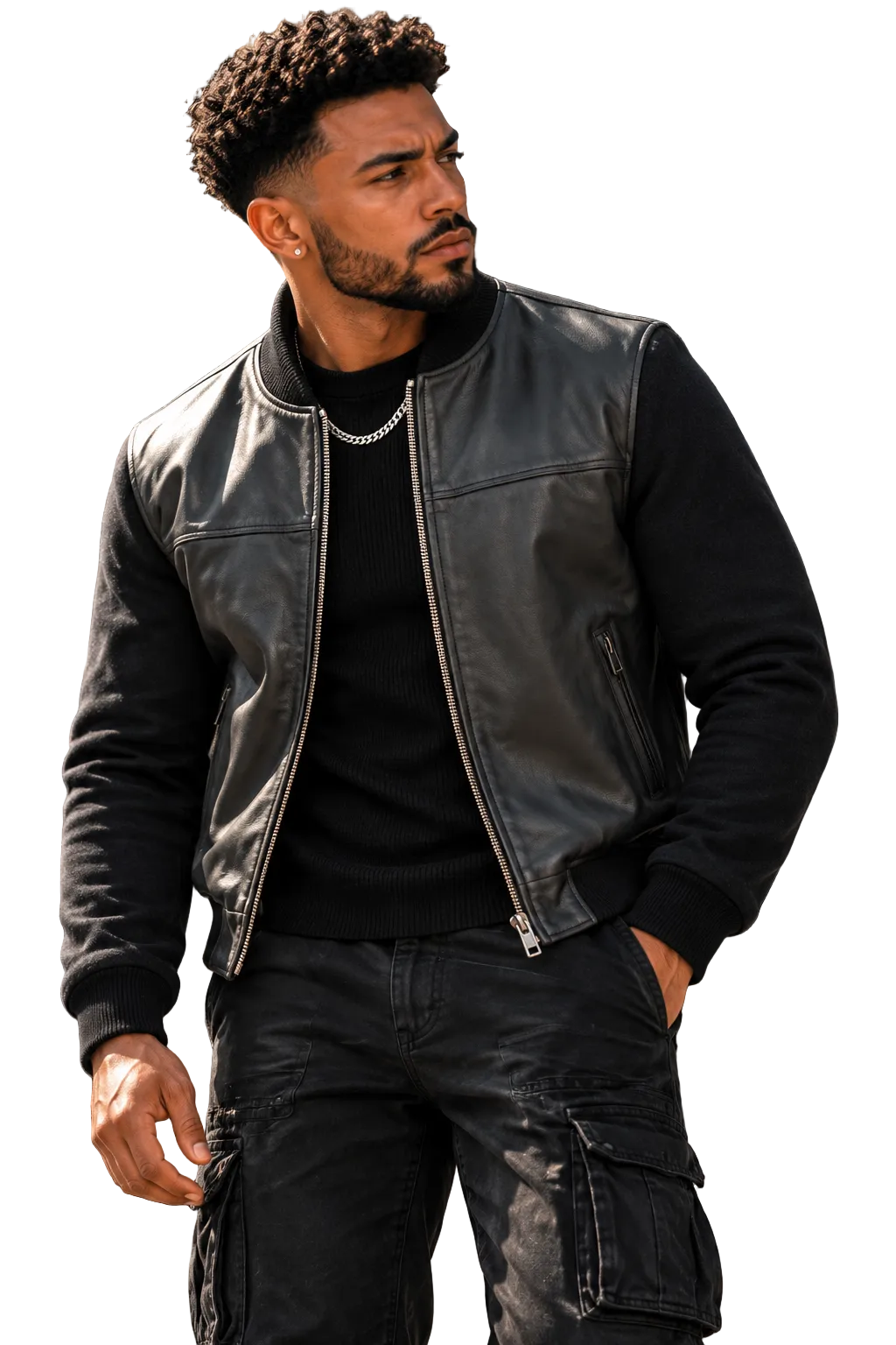 A man wearing a black leather bomber jacket with silver zippers over a black shirt and dark cargo pants, standing outdoors on stone steps.