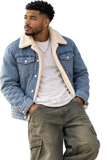 A man wearing a light blue denim jacket with a cream sherpa collar, a white t-shirt, and olive cargo pants, leaning against a dark metal railing. The brand logo 'KRIFFA' is displayed in the top right corner.
