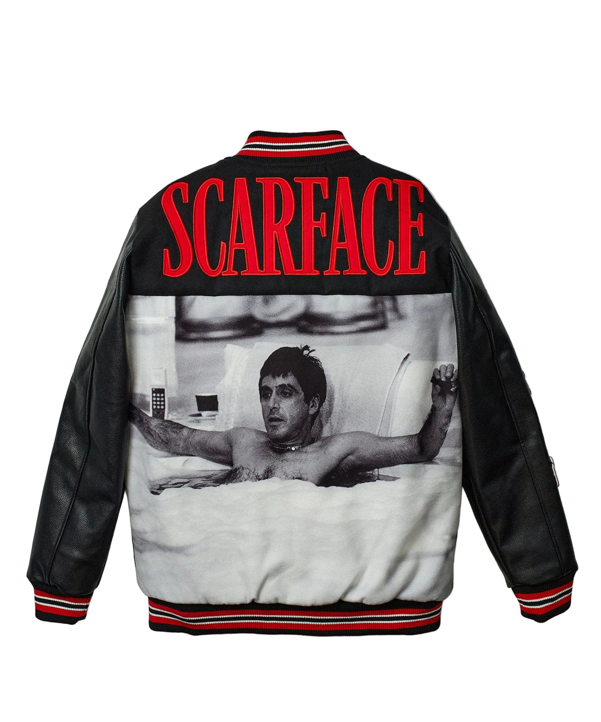Black leather jacket with 'Scarface' movie poster design on a white background