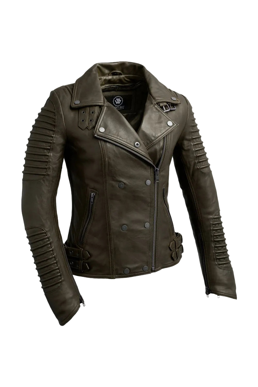 An olive green faux leather motorcycle jacket with ribbed sleeve panels and a snap-button front, displayed on a neutral light gray background.