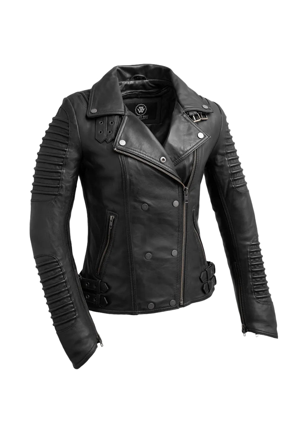 A black leather motorcycle jacket with a double-breasted snap closure, asymmetrical zipper, and ribbed sleeve panels, shown against a light gray background.