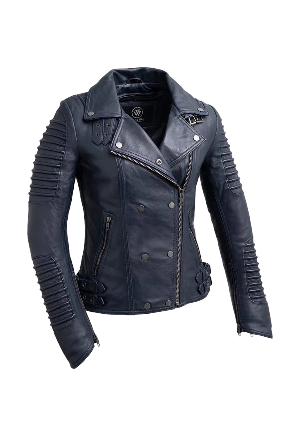 A dark navy blue leather motorcycle jacket with silver-tone hardware, ribbed sleeve panels, and a snap-button front, shown on a light gray background.