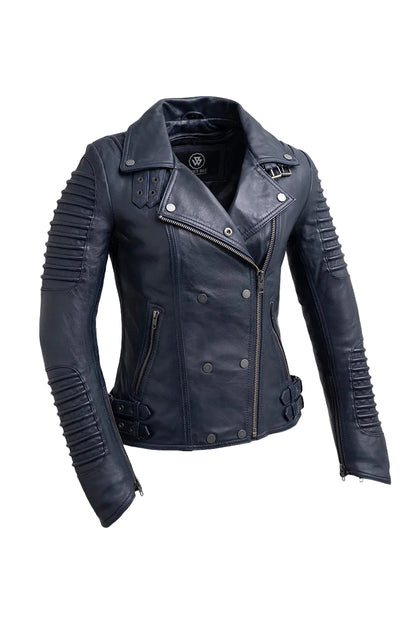 A dark navy blue leather motorcycle jacket with silver-tone hardware, ribbed sleeve panels, and a snap-button front, shown on a light gray background.