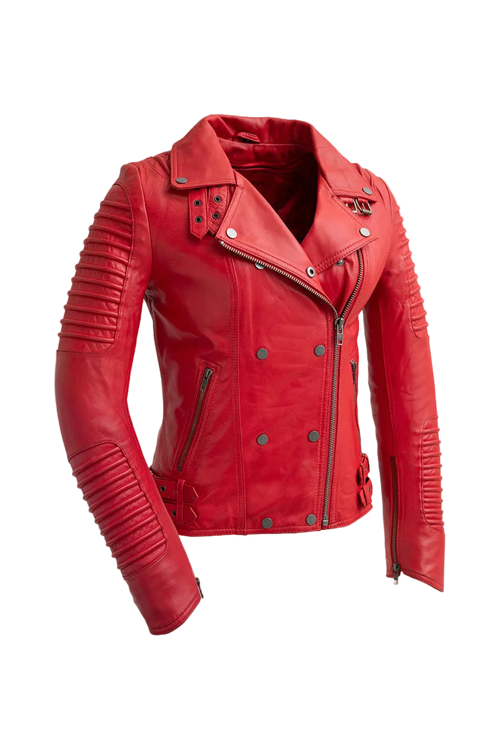 A red faux leather motorcycle jacket with ribbed sleeve panels, a snap collar, and an asymmetrical zipper, shown on a light gray background.