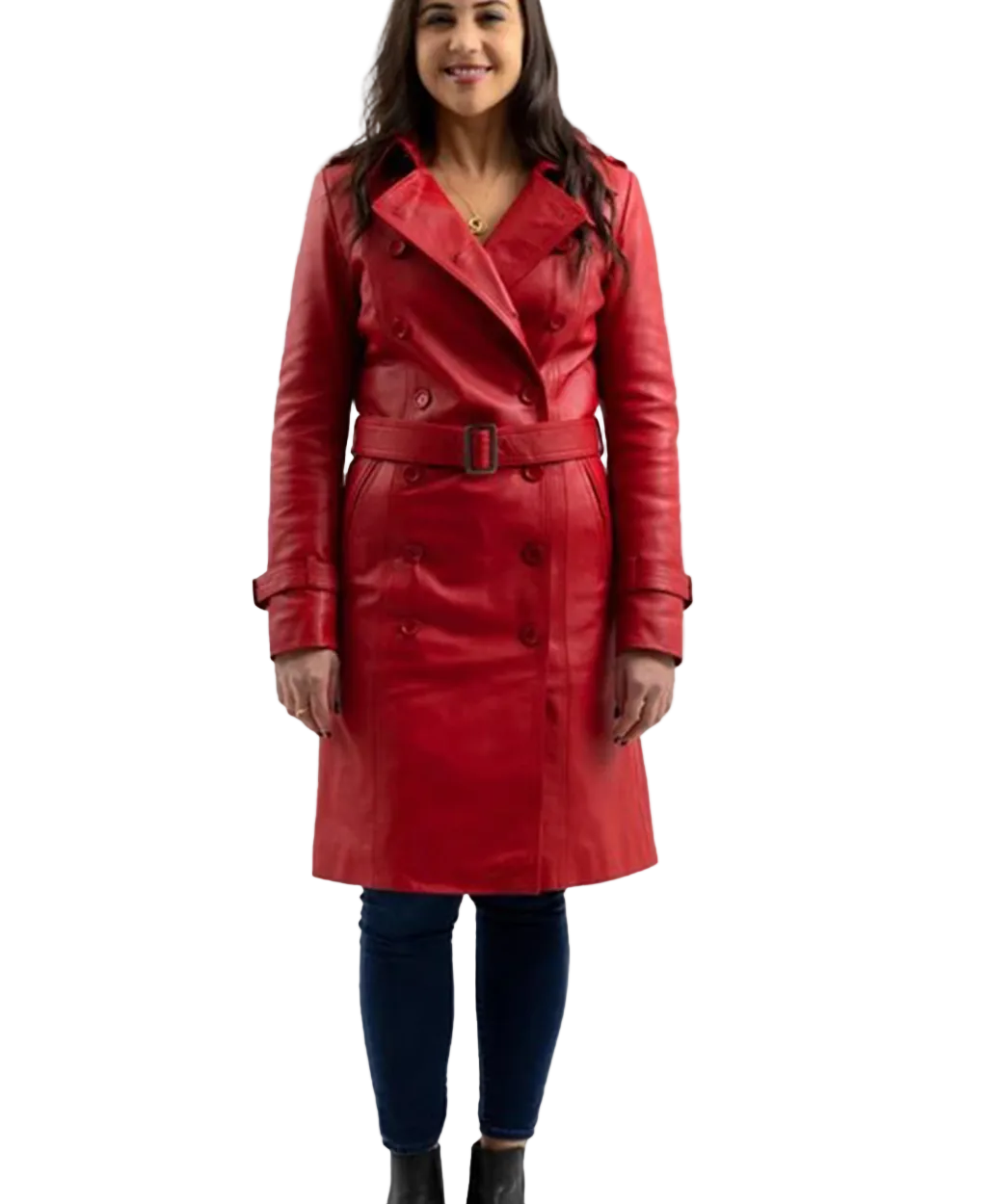 A woman modeling a bright red faux-leather trench coat with a matching belt, paired with dark blue leggings and black boots, against a plain white background.
