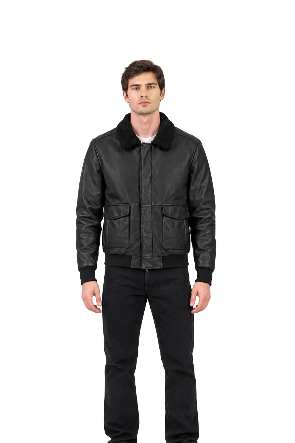 A man wearing a black leather bomber jacket with a black corduroy collar, black ribbed cuffs and hem, paired with black jeans, shot against a solid white background.