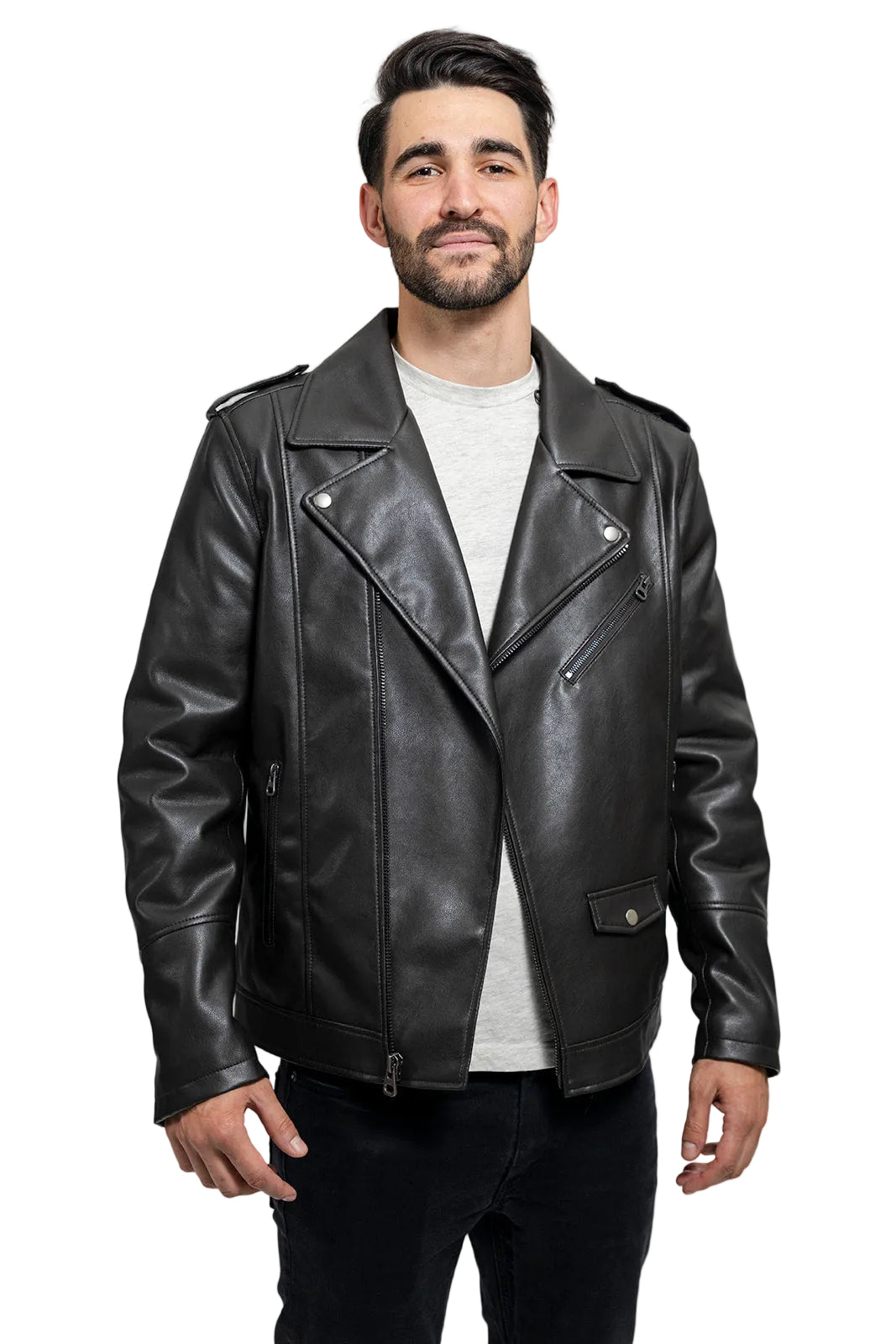 Man wearing a black leather jacket on a gray background