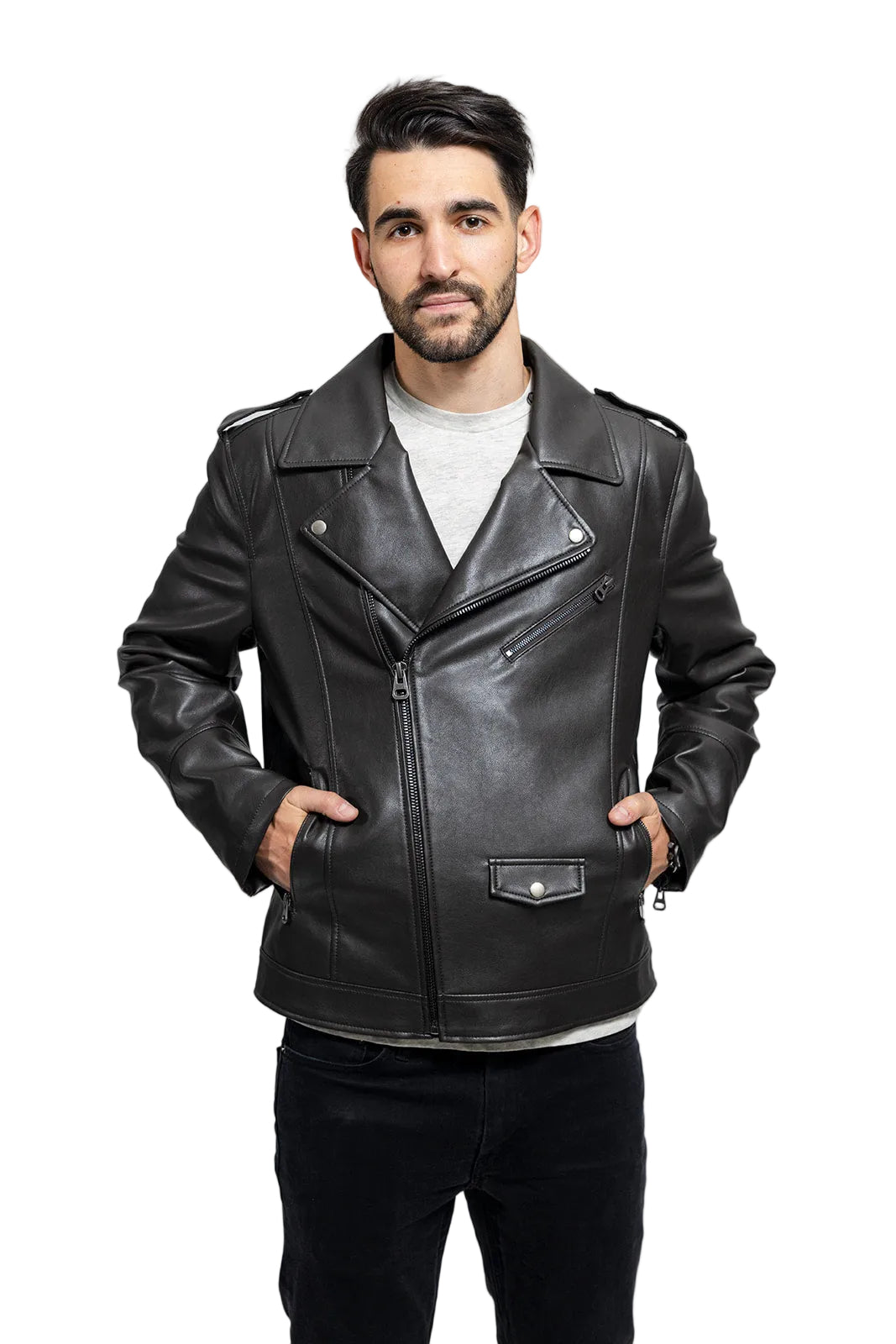 Man wearing a black leather jacket on a gray background