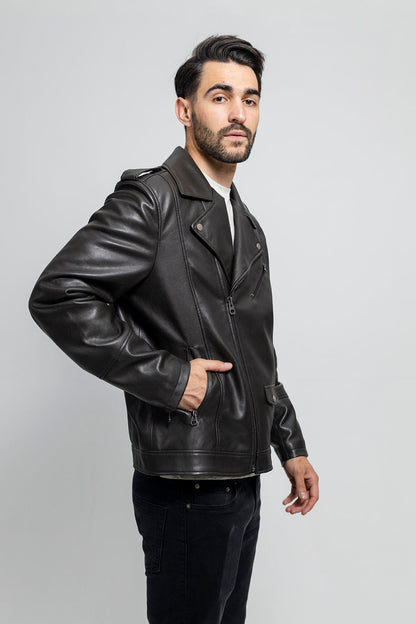 Nash Men's Faux Leather Motorcycle Jacket, Olive