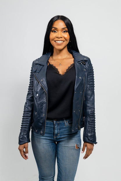 Queens Leather Jacket | Navy Blue