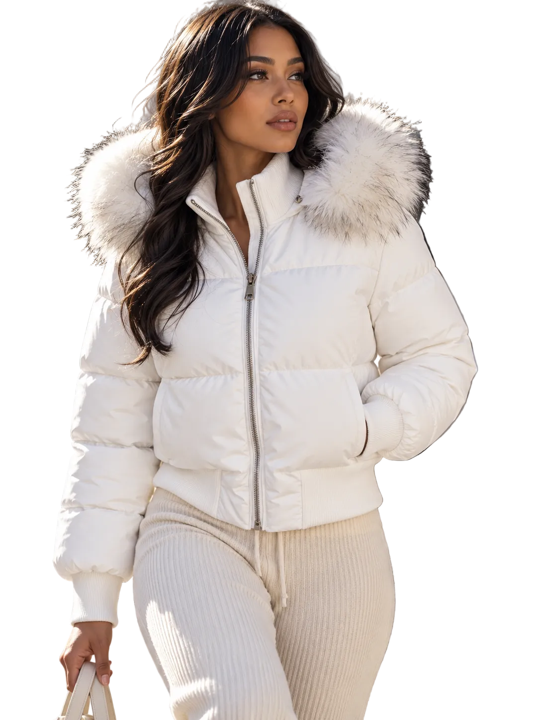 A woman wearing a white puffer jacket with a large fluffy faux-fur trimmed hood and matching ribbed knit pants, standing outdoors against a stone building.